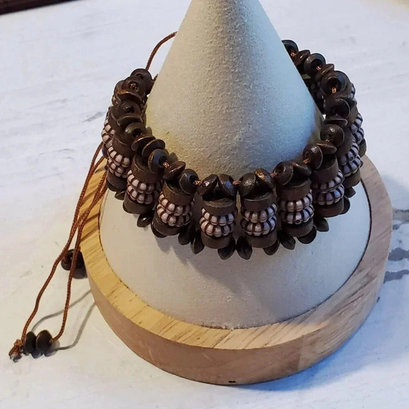 Vintage 90s Y2K Brown Wood Acrylic Rondelle Beads OSFA Adjustable Bracelet - Picture 4 of 9